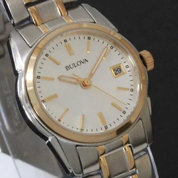 Bulova Women's Quartz Watch Two-Tone Case Silver Sunray Dial Date 26mm - Picture 8 of 13